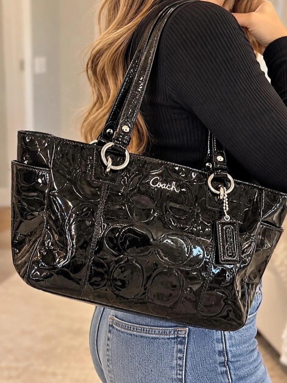 Coach Gallery Embossed Patent Leather East West Tote Black